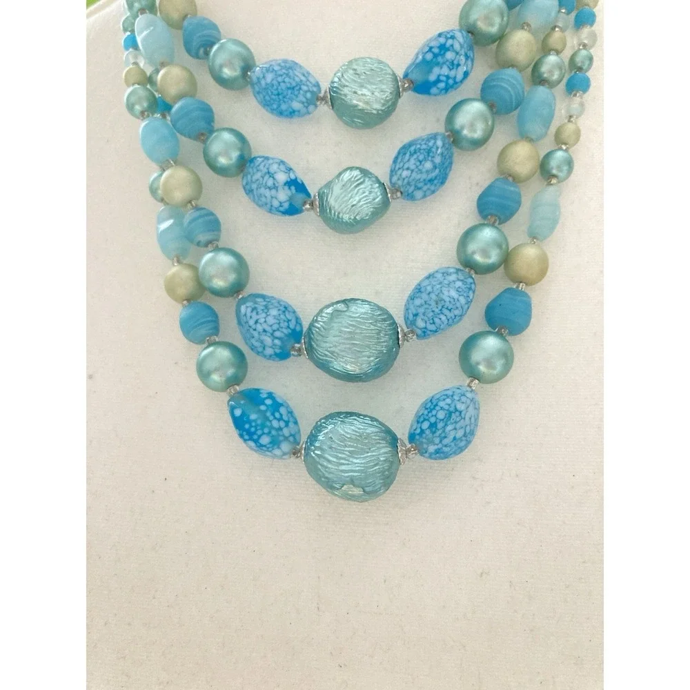 Vintage Aqua Blue Multi Strand Beaded Statement Necklace Art Glass Faux Pearl